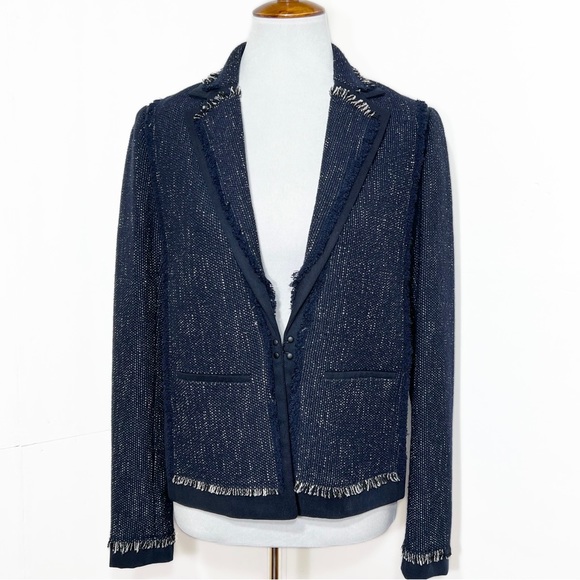 Vince Navy Blue Fringe Tweed Long Sleeve Open Front Blazer Jacket Size Small - Picture 12 of 14
